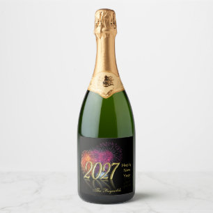 2027 Gold Happy New Year Colourful Fireworks Sparkling Wine Label