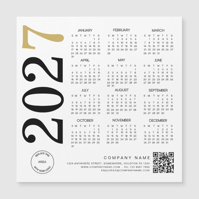 2027 Gold White Calendar Logo QR Code Business (Front)