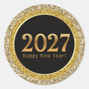 2027 happy new year,gold black metallic sparkles classic round sticker