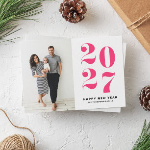 2027 Hot Pink Bold Typography New Year Photo Holiday Card