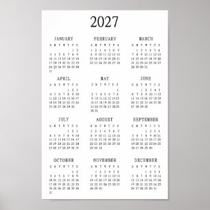 2027 Minimalist Year At a Glance Minimal Calendar Poster