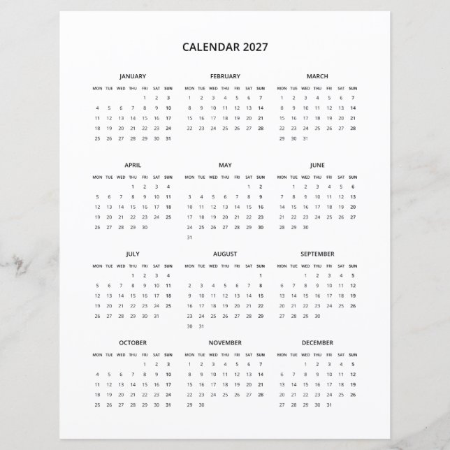 2027 Modern Minimalist Printable Calendar in Black (Front)