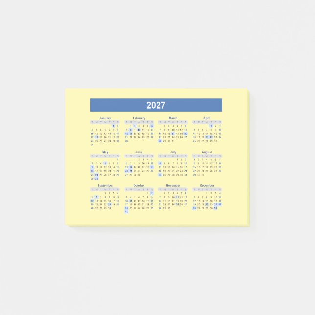 2027 Monthly Calendar Blue Version Post-it Notes (Front)