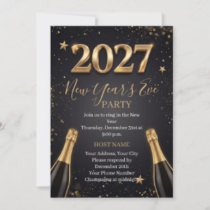 2027 New Year’s Eve Party Black Gold Champagne Invitation