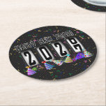 2027 Odometer New Years Party Round Paper Coaster<br><div class="desc">* HAPPY NEW YEAR 2027! * Fun party hats and confetti to celebrate the New Year. * Dimensions: 4" x 4" * Sold as sets of 6 * Tough, durable, and absorbent – perfect for New Years parties * Several shapes to choose from. * You can personalize by changing the...</div>