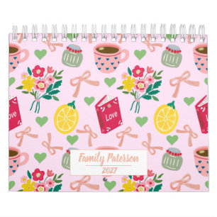2027 Pink bow flowers handrawing lemon trendy Calendar