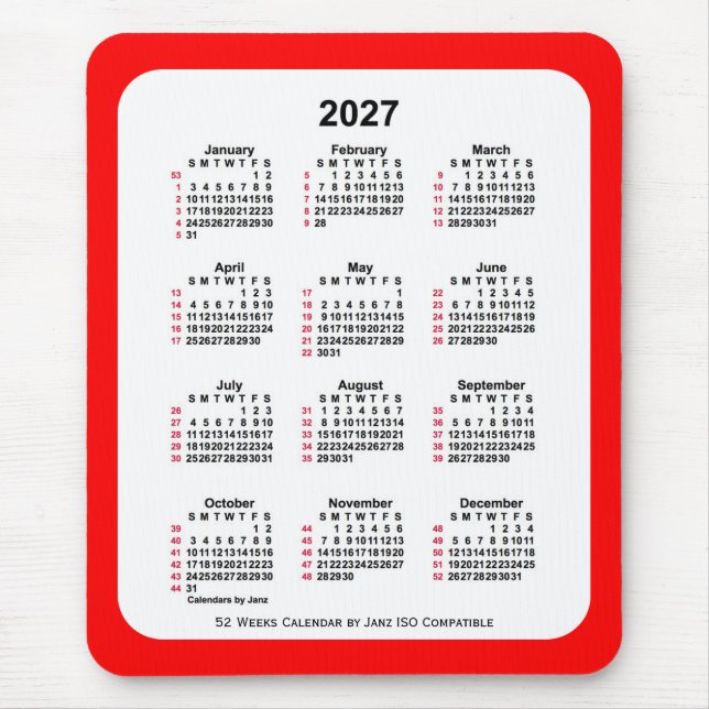 2027 Red 52 Weeks ISO Calendar by Janz Two Tone Mouse Pad (Front)