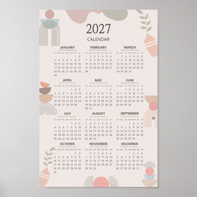 2027 Scandinavian Calendar Boho Aesthetic Beige Poster (Front)