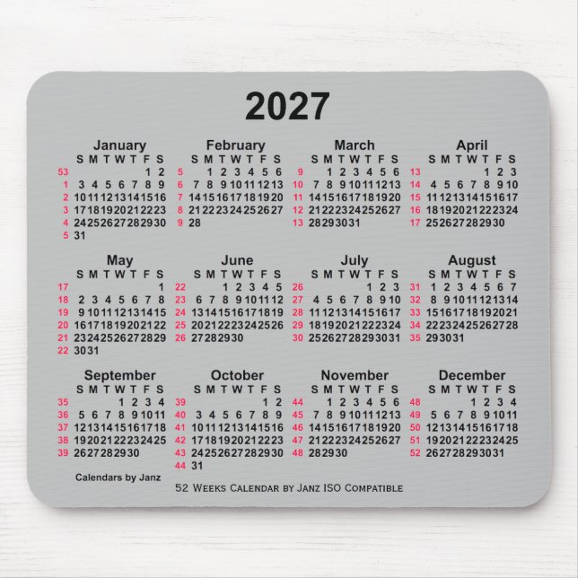 2027 Silver 52 Weeks ISO Calendar by Janz Mouse Pad (Front)
