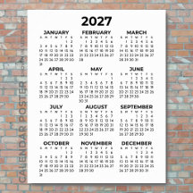 2027 Wall Calendar Simple Basic Black and White