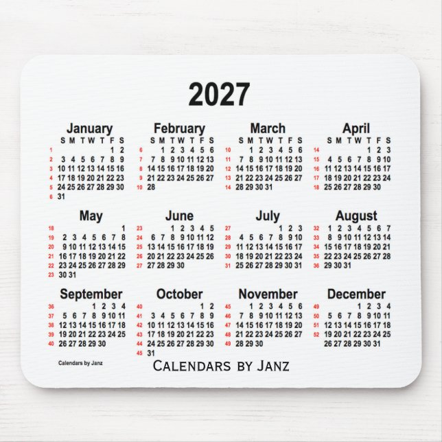 2027 White 52 Weeks Calendar by Janz Mouse Pad (Front)