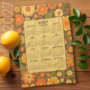 2027 Year Calendar - Retro Flowers - Green Brown Tea Towel