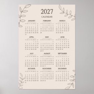 2027 Yearly Calendar Floral Line Art Minimalist Poster