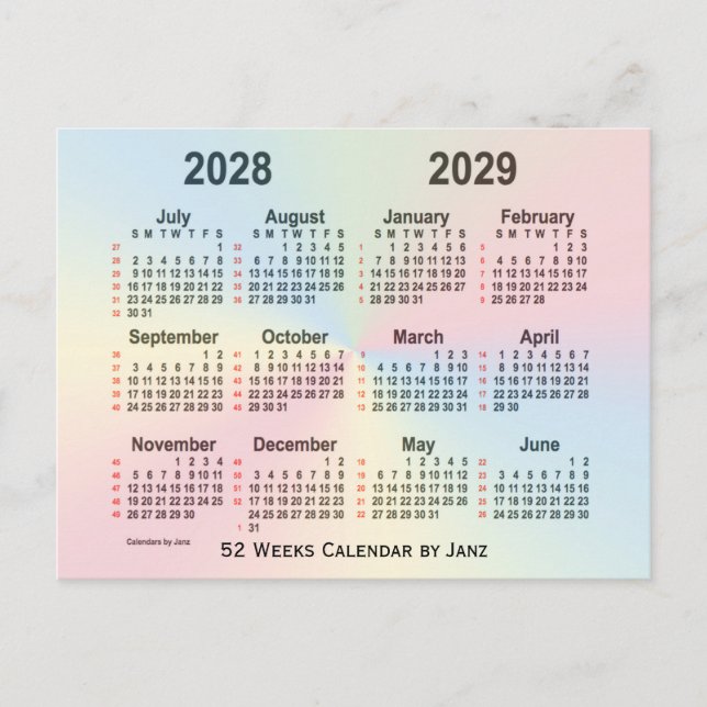 2028-2029 Rainbow 52 Weeks Calendar by Janz Postcard (Front)