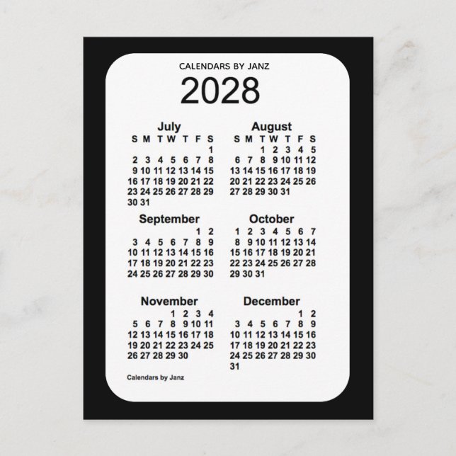 2028 Black 6 Month Mini Calendar by Janz Postcard (Front)