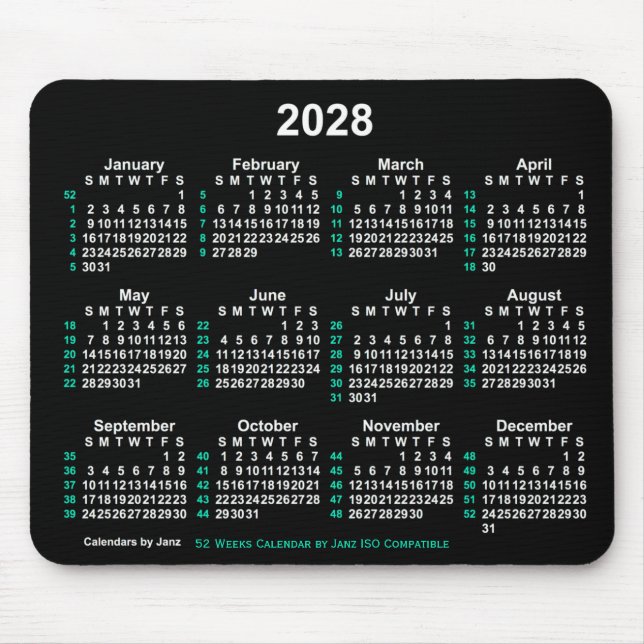 2028 Neon White 52 Weeks ISO Calendar by Janz Mouse Pad (Front)