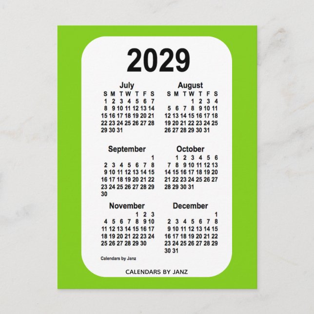 2029 Yellow Green 6 Month Mini Calendar by Janz Postcard (Front)