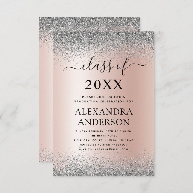 202 Graduation Party Glitter Rose Gold Pink Silver Invitation (Front/Back)