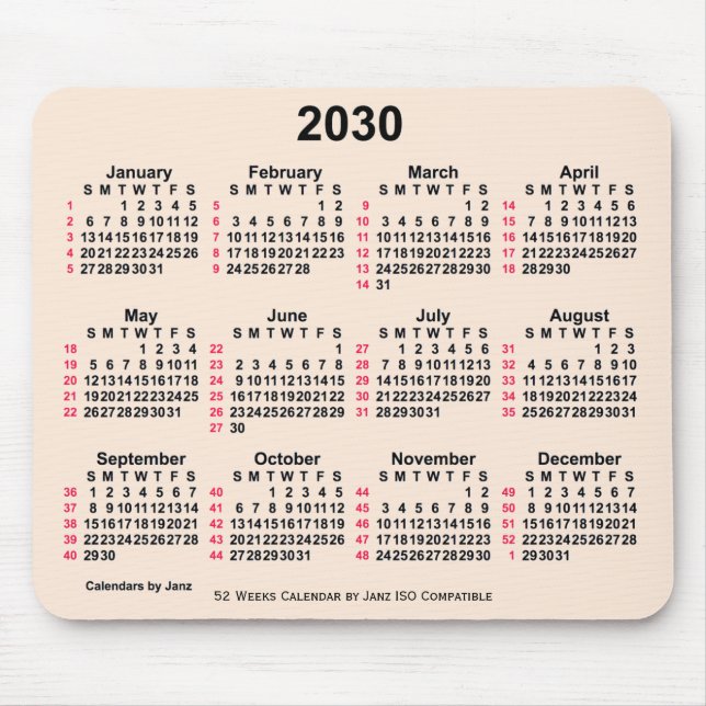 2030 Antique White 52 Weeks ISO Calendar by Janz Mouse Pad (Front)