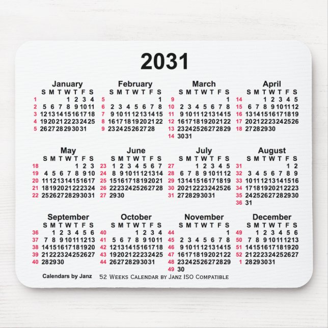 2031 White 52 Weeks ISO Calendar by Janz Mouse Pad (Front)