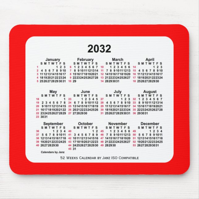 2032 Red 52 Weeks ISO Calendar by Janz Two Tone Mouse Pad (Front)