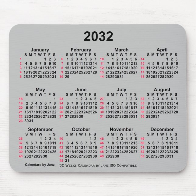 2032 Silver 52 Weeks ISO Calendar by Janz Mouse Pad (Front)