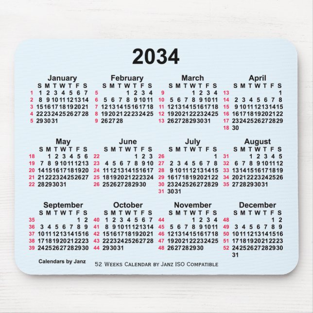 2034 Alice Blue 52 Weeks ISO Calendar by Janz Mouse Pad (Front)