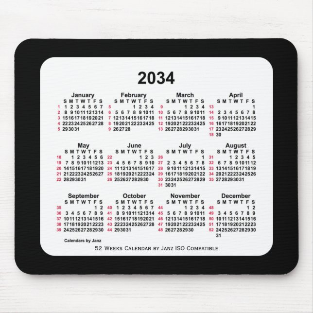 2034 Black 52 Weeks ISO Calendar by Janz Two Tone Mouse Pad (Front)