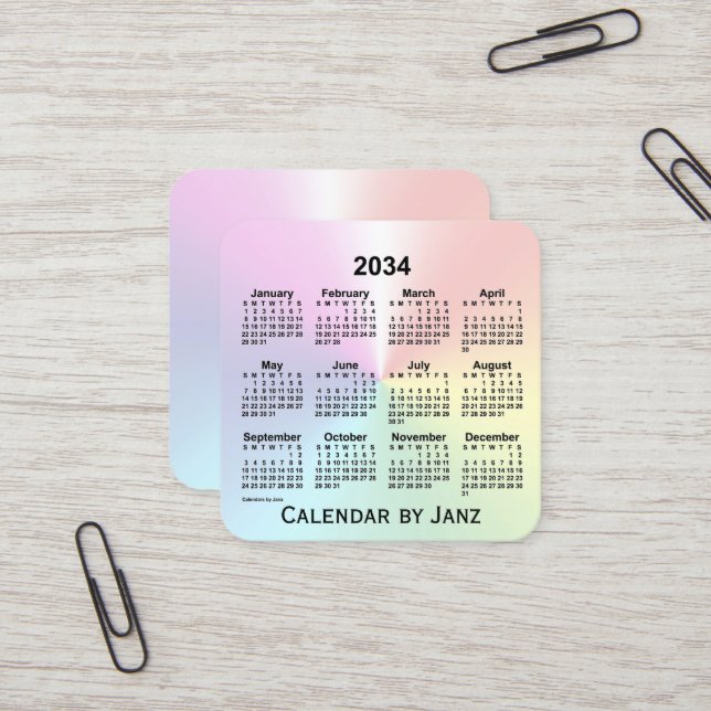 2034 Rainbow Shimmer Calendar by Janz Square Business Card (Front/Back In Situ)
