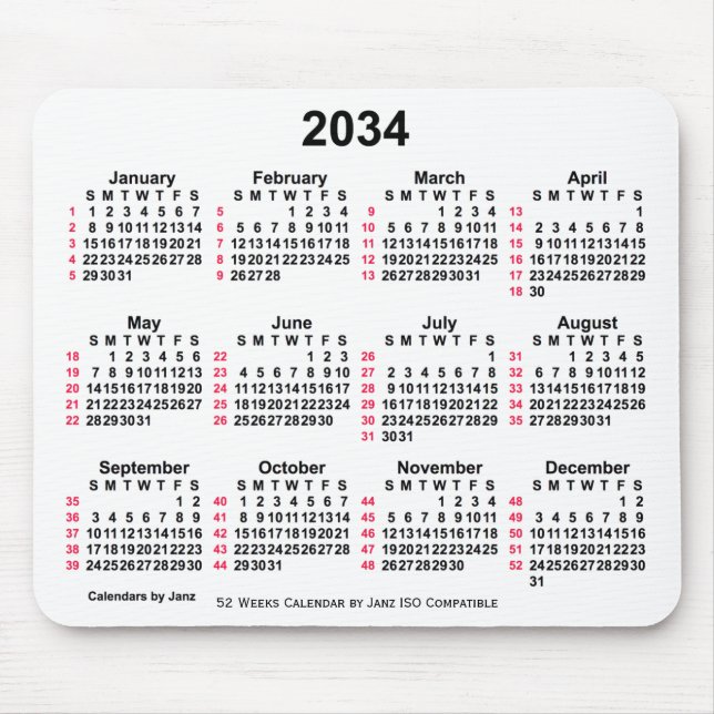 2034 White 52 Weeks ISO Calendar by Janz Mouse Pad (Front)