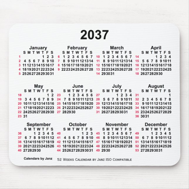 2037 White 52 Weeks ISO Calendar by Janz Mouse Pad (Front)