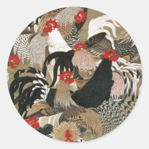 20. 群鶏図, 若冲 Flock of Roosters, Jakuchu Classic Round Sticker