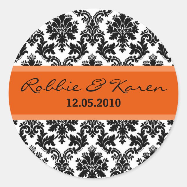20 - 1.50" Black Damask & Orange Favour Stickers (Front)
