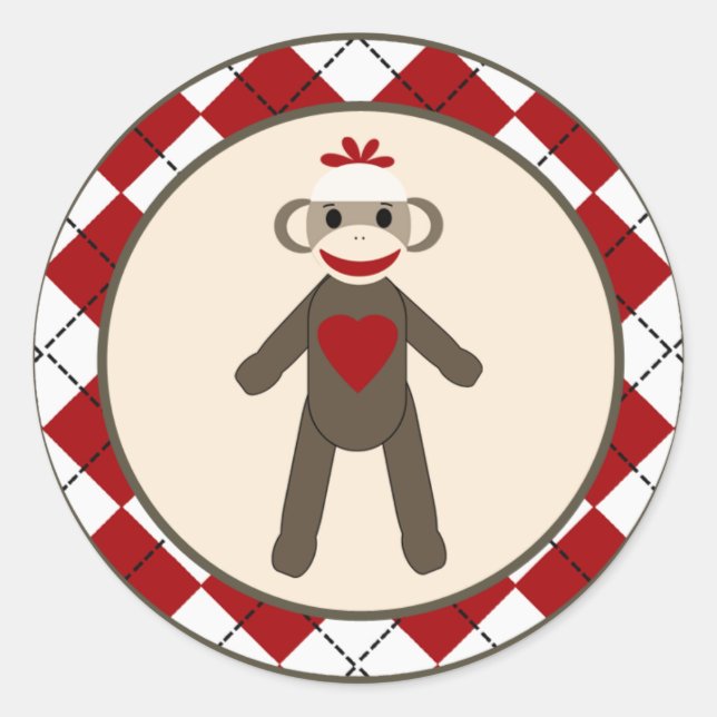 20 - 1.5"  Envelope Seal Red Sock Monkey Argyle (Front)