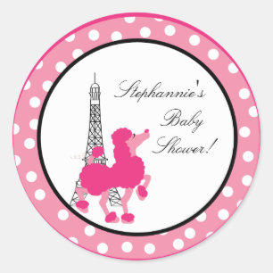 20 - 1.5" Favour Stickers Pink Poodle Paris Eiffe
