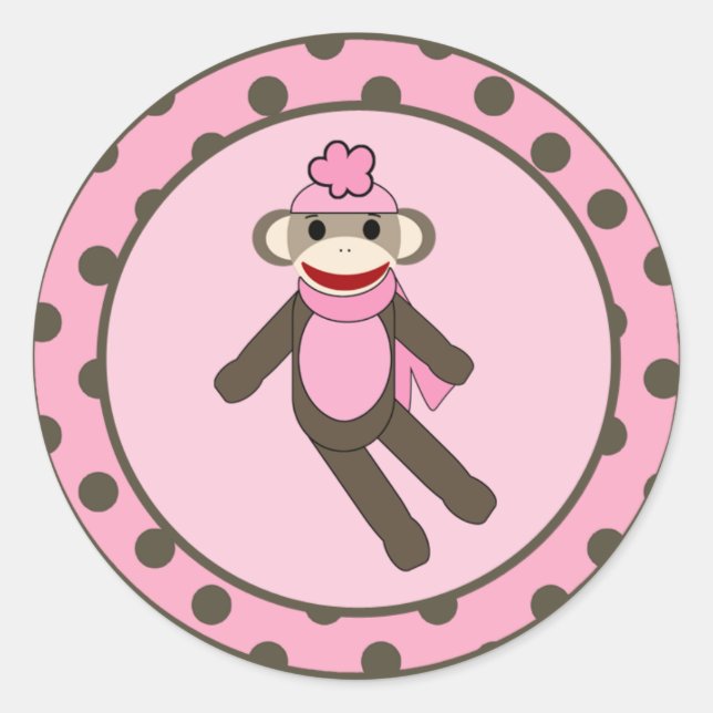 20 - 1.5"  Favour Stickers Pink Sock Monkey (Front)