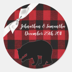 20 - 1.5"  Favour Stickers Red Buffalo Plaid Bear