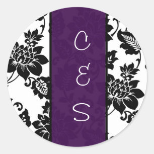 20 Black/Purple Floral Damask Wedding Stickers