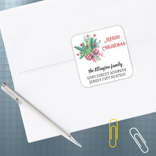 20 Fir Branches & Berries Return Address Christmas Square Sticker