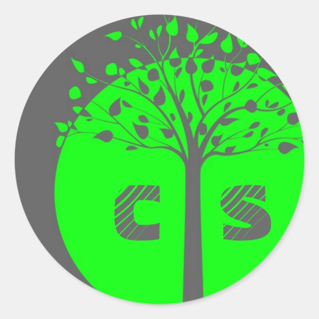 20 Grey/Neon Green Tree Wedding Favour Stickers (Front)