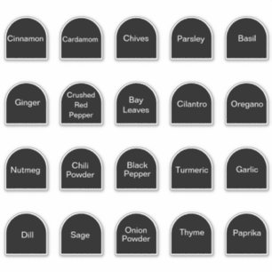 20 kitchen herbs and spices, black and white label