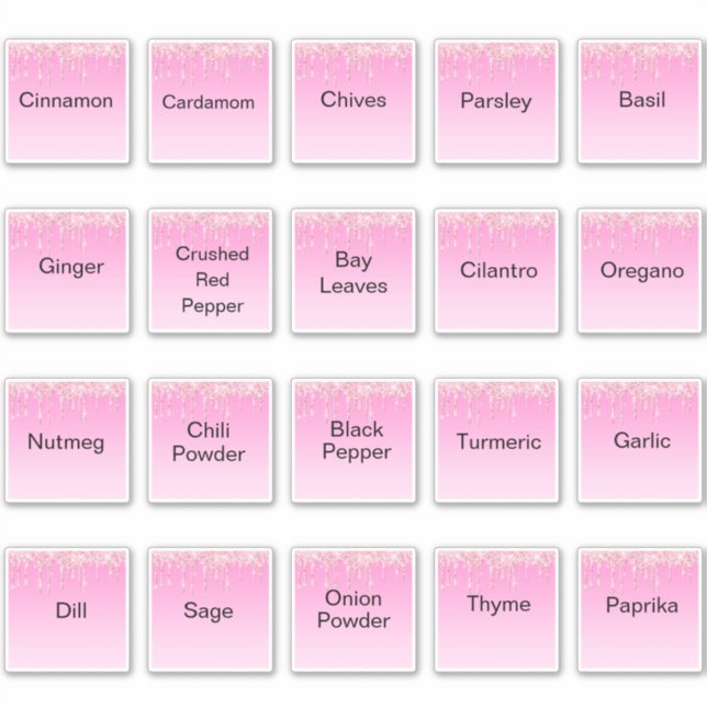 20 kitchen herbs and spices, pink glitters label (Front)