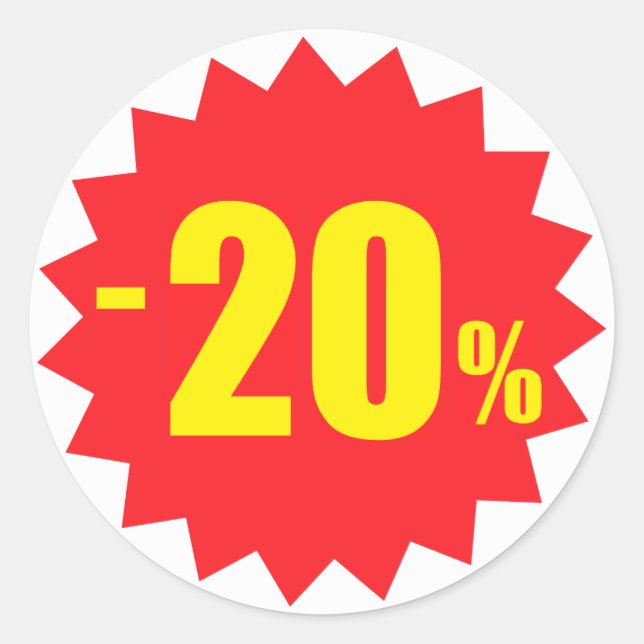 20 percent sale discount stickers, white and red classic round sticker (Front)