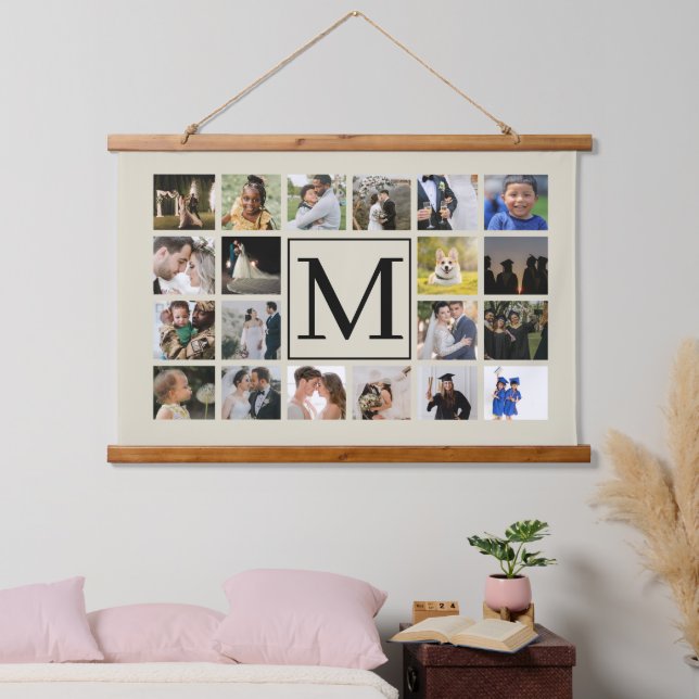 20 photo collage Black and Biege Family  Hanging Tapestry (Bedroom)