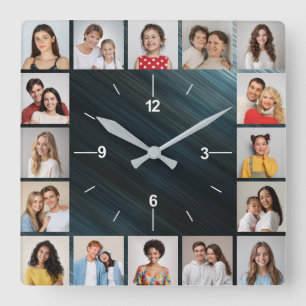 20 Photo Collage Brushed MultiColored Metallic  Square Wall Clock