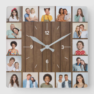 20 Photo Collage Faux Brown Wood Fence Square Wall Clock