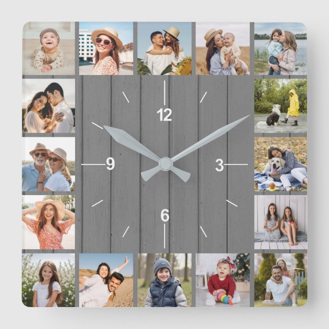 20 Photo Collage Faux Grey Wood Fence Square Wall Clock (Front)