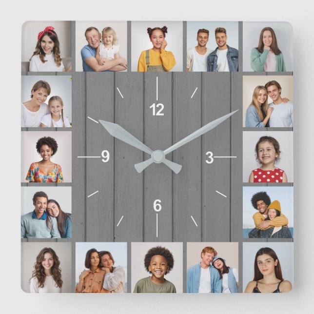 20 Photo Collage Faux Grey Wood Fence Square Wall Clock (Front)