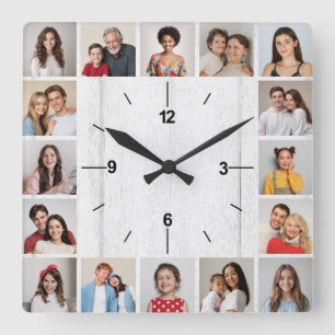 20 Photo Collage Faux Light White Wood Fence Square Wall Clock
