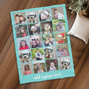 20 Photo Collage - Grid with Script Text aqua teal Fleece Blanket